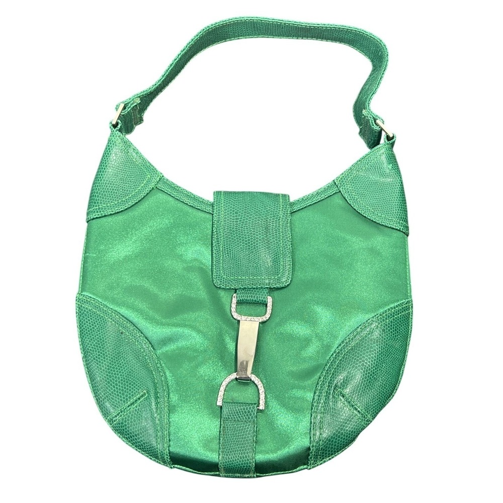 Chic Emerald Green Satin Shoulder Bag Lizard Embossed Faux Leather Accent‎ Y2K